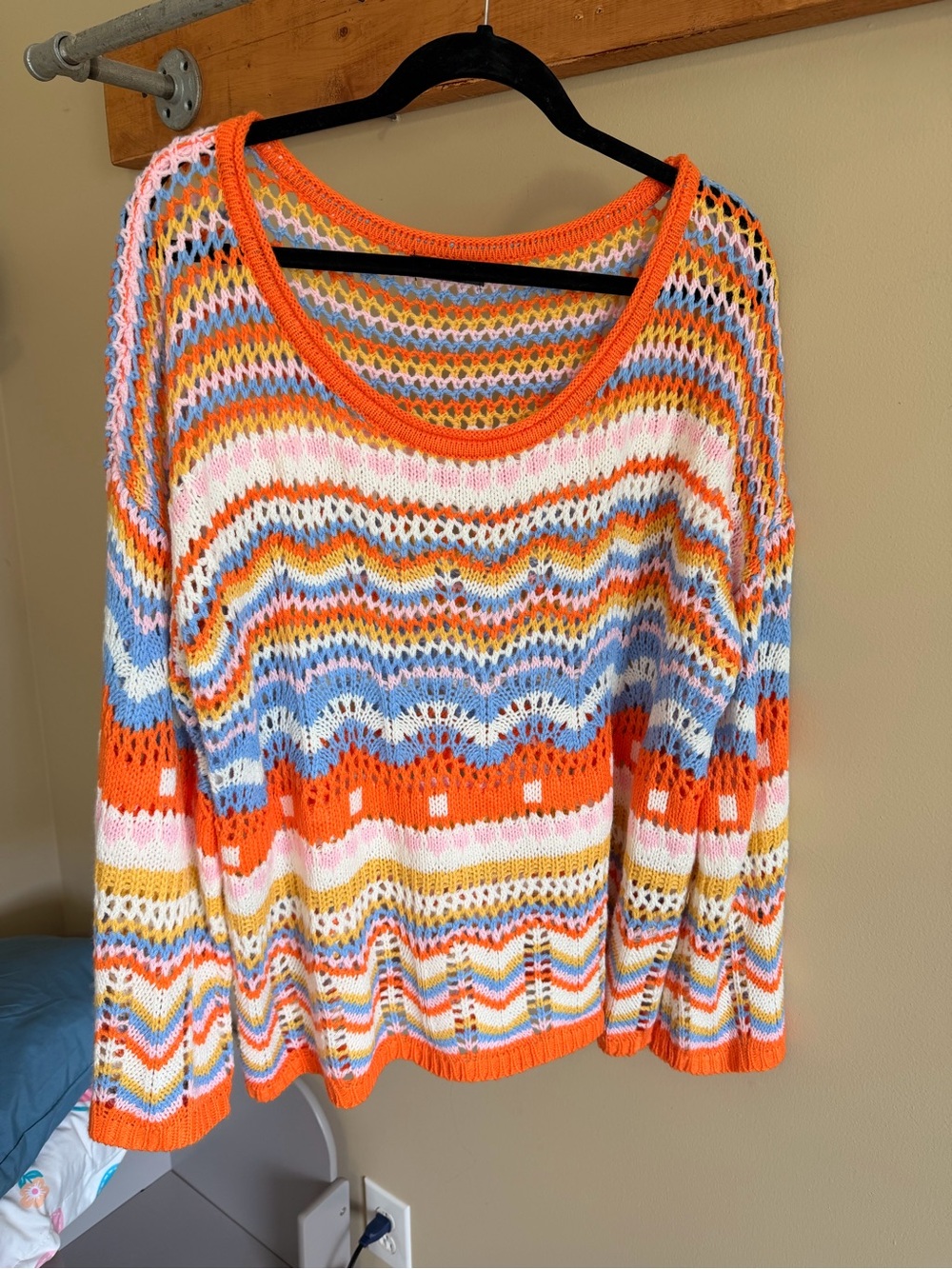 SHEIN Open-Knit Striped Scoop Neck Sweater in Orange, Blue & White